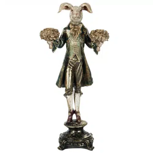 Söt mörkgrön ljusstake i form av en kanin som håller två buketter med ljushållare för kronljus, dekorativ påskdekoration