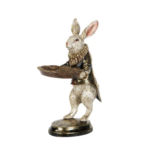 Flerfärgad dekorativ kaninfigur som bär en bricka, 28 cm hög, perfekt som påskdekoration eller inredningsdetalj