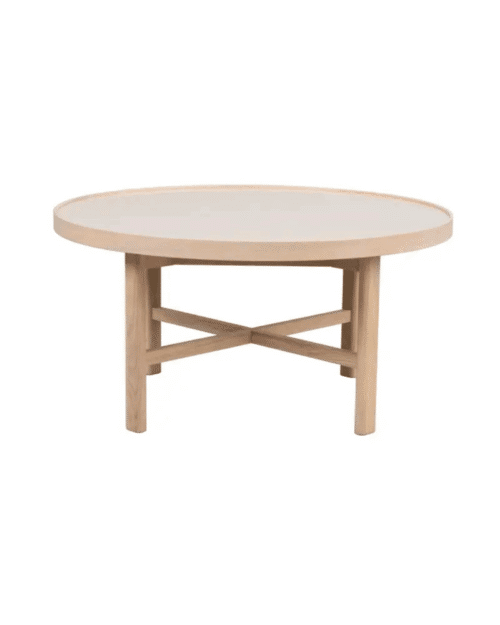 Rowico Marsden soffbord runt Ø90 beige keramik/vitpigmenterad ek