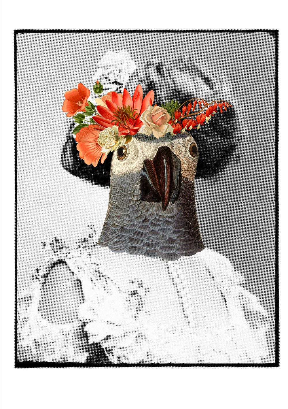 Konstposter med fågelansikte i vintage-stil, Madame Florence från The Dybdahl Company, tryckt på matt papper i porträttformat.