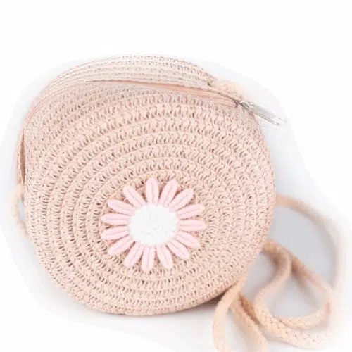 Busy Lizzie Stråväska rund rosa blomma