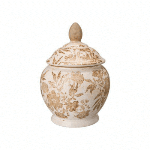 BEDA urna med lock i vit/beige stengods, 19x26 cm, med rustik yta och stilren form – perfekt som inredningsdetalj eller förvaring.