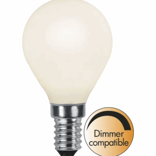 Dimbar LED-lampa E14 P45 med opalt glas och varmvit glöd, hög färgåtergivning RA90 – energieffektiv klotlampa för inomhusbelysning.
