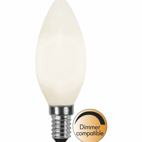LED-lampa E14 C35 i opalglas med dimbar filament, varmvit ljusfärg 2700K och hög färgåtergivning RA90, med liten skruvsockel.