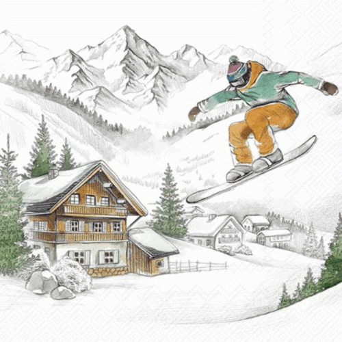 Pappersservett med färgstarkt vintermotiv av skidåkare och fjällmiljö, storlek 33 x 33 cm – perfekt för vintriga lunchdukningar