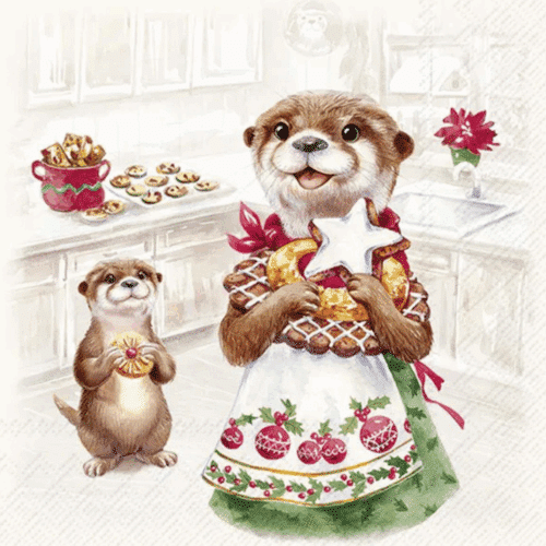 Pappersservett med motiv av en utterfamilj i vinterlandskap, på krämfärgad bakgrund – perfekt för vintriga lunchdukningar.