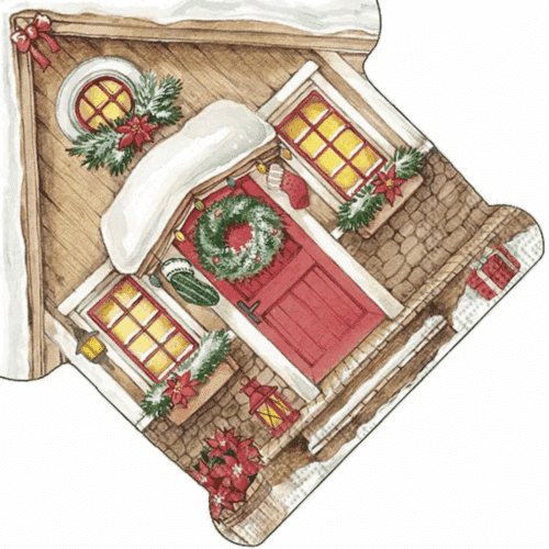 Pappersservett i form av ett julhus med färgglada julmotiv, perfekt för festliga dukningar under vinter- och julsäsongen.