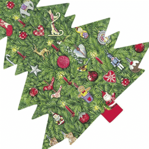 Formklippt pappersservett i form av en julgran med färgglada julkulor och glittrande detaljer, storlek 33x33 cm.
