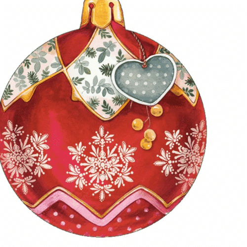 Servett med motiv av röda, gröna och gyllene julgranskulor på vit bakgrund, 33x33 cm.