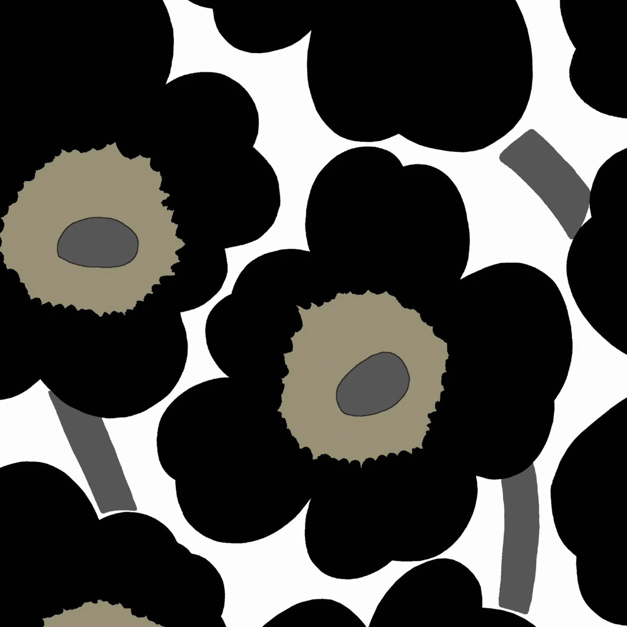 Servett Marimekko Unikko Black White Lunch, 33x33 cm, med ikoniskt svartvitt blom-mönster – stilren finsk design för moderna dukningar.