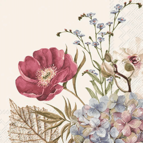 Pappersservett med romantiskt blommotiv i rosa och gröna toner på krämfärgad bakgrund, 33x33 cm – perfekt för vår- och sommardukning.