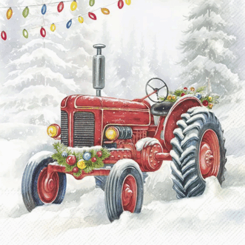 Färgglad pappersservett med traktor-motiv, vikt i kvadratformat 33x33 cm, perfekt för barnkalas med bondgårdstema.