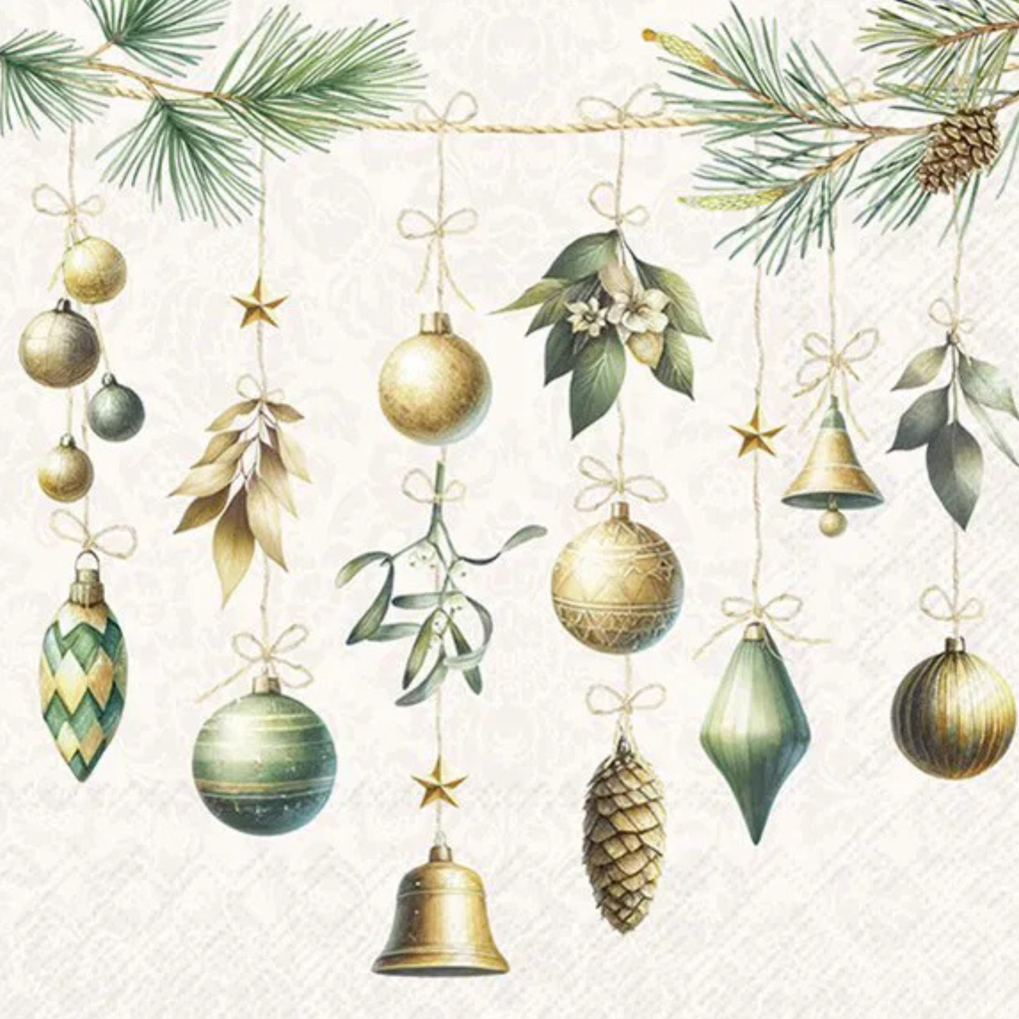 Krämfärgad pappersservett 33x33 cm med motiv av juldekorationer i rött, grönt och guld – perfekt för juldukning och adventsfika.