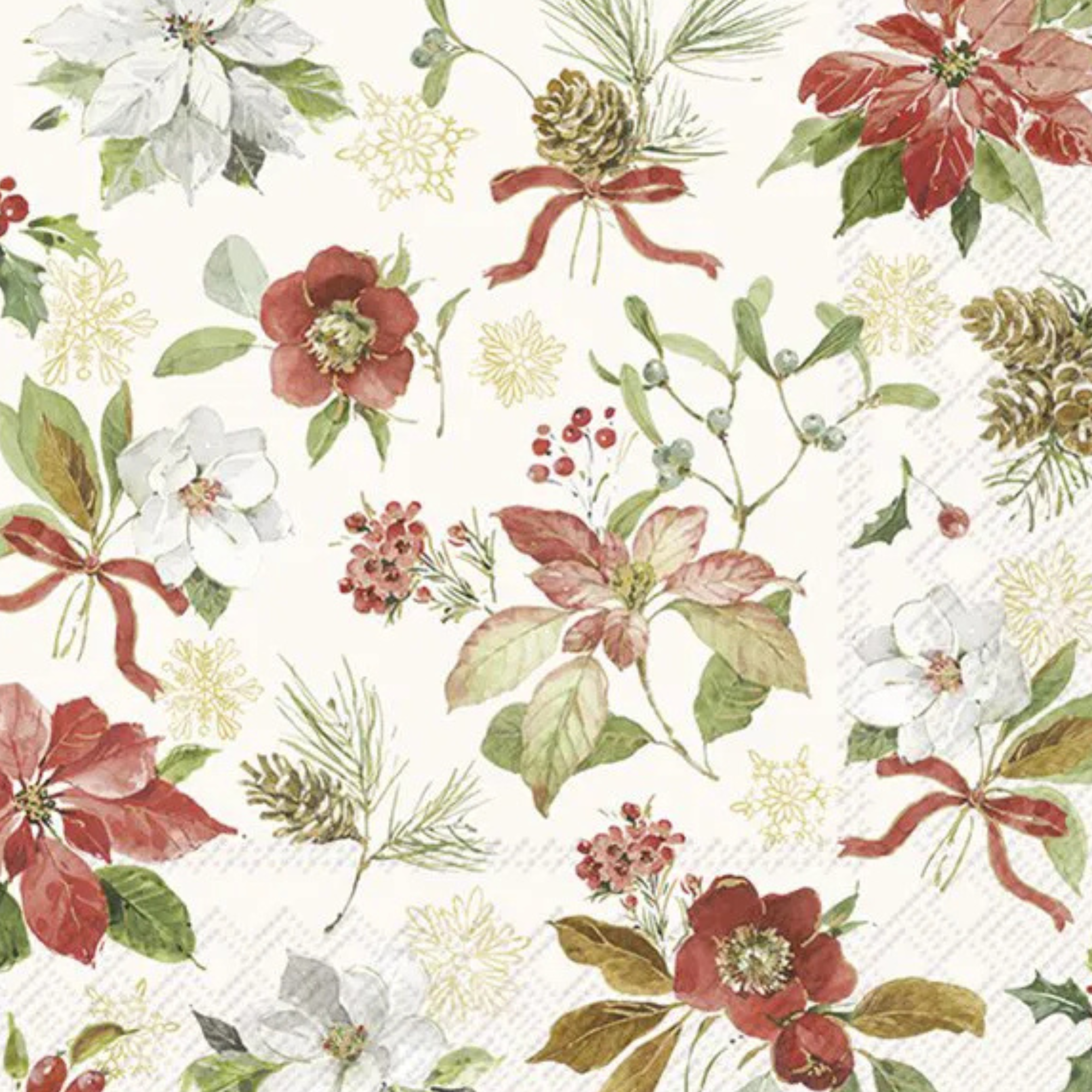 Pappersservett med höstblommor i jordnära färger på en krämfärgad bakgrund – Servett Poinsettia Flowers Cream.