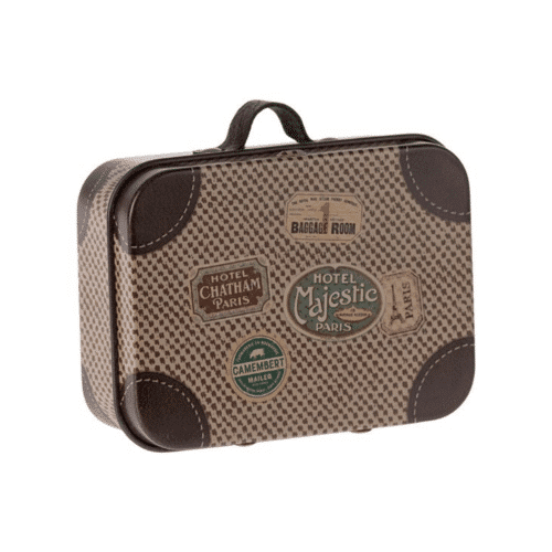 Liten offwhite micro-resväska i metall med färgglada illustrationer och handtag, perfekt för miniatyrlekar.