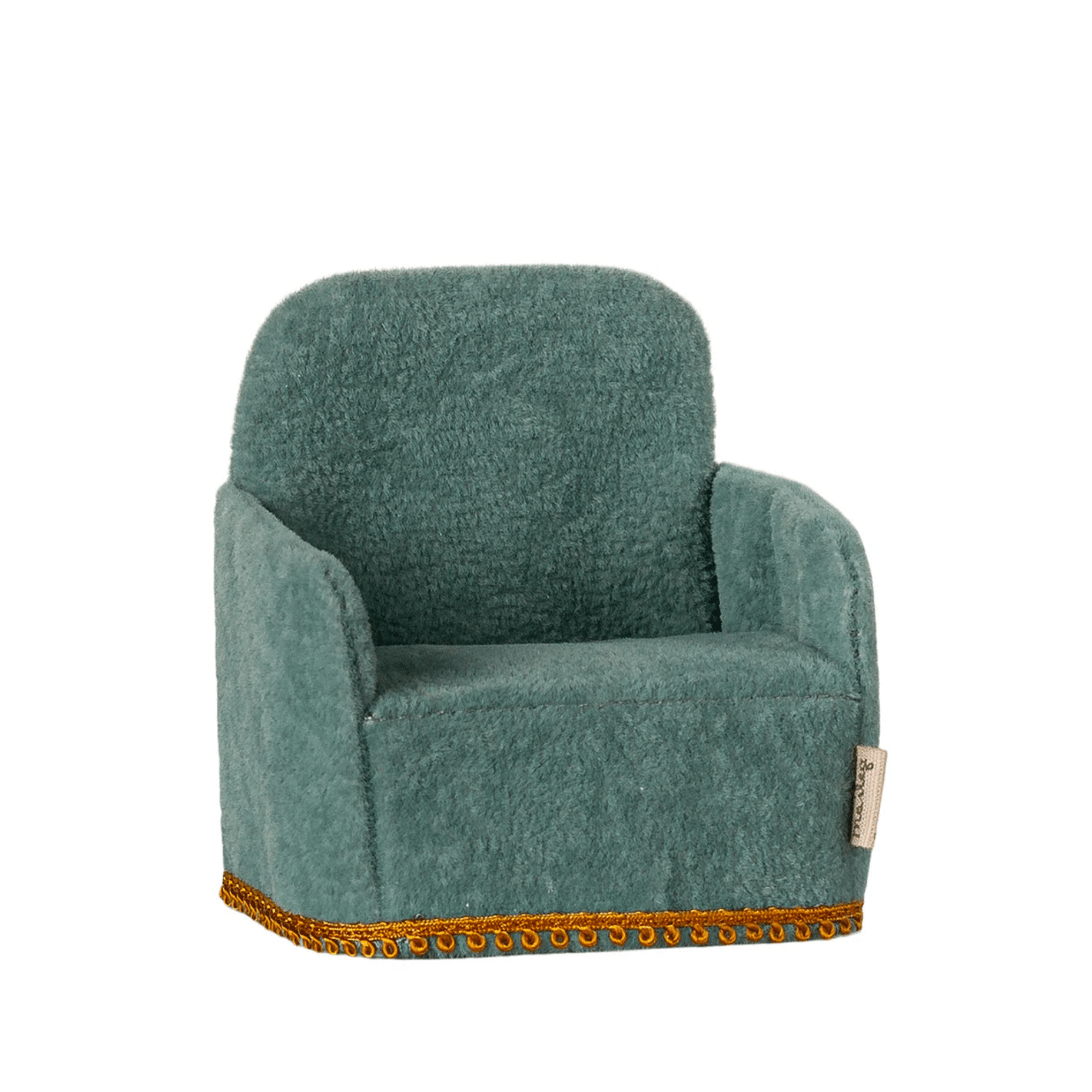 Fällbar mintgrön stol i polyester för små Maileg-musfigurer, perfekt för lek i Mouse Hole Farmhouse.