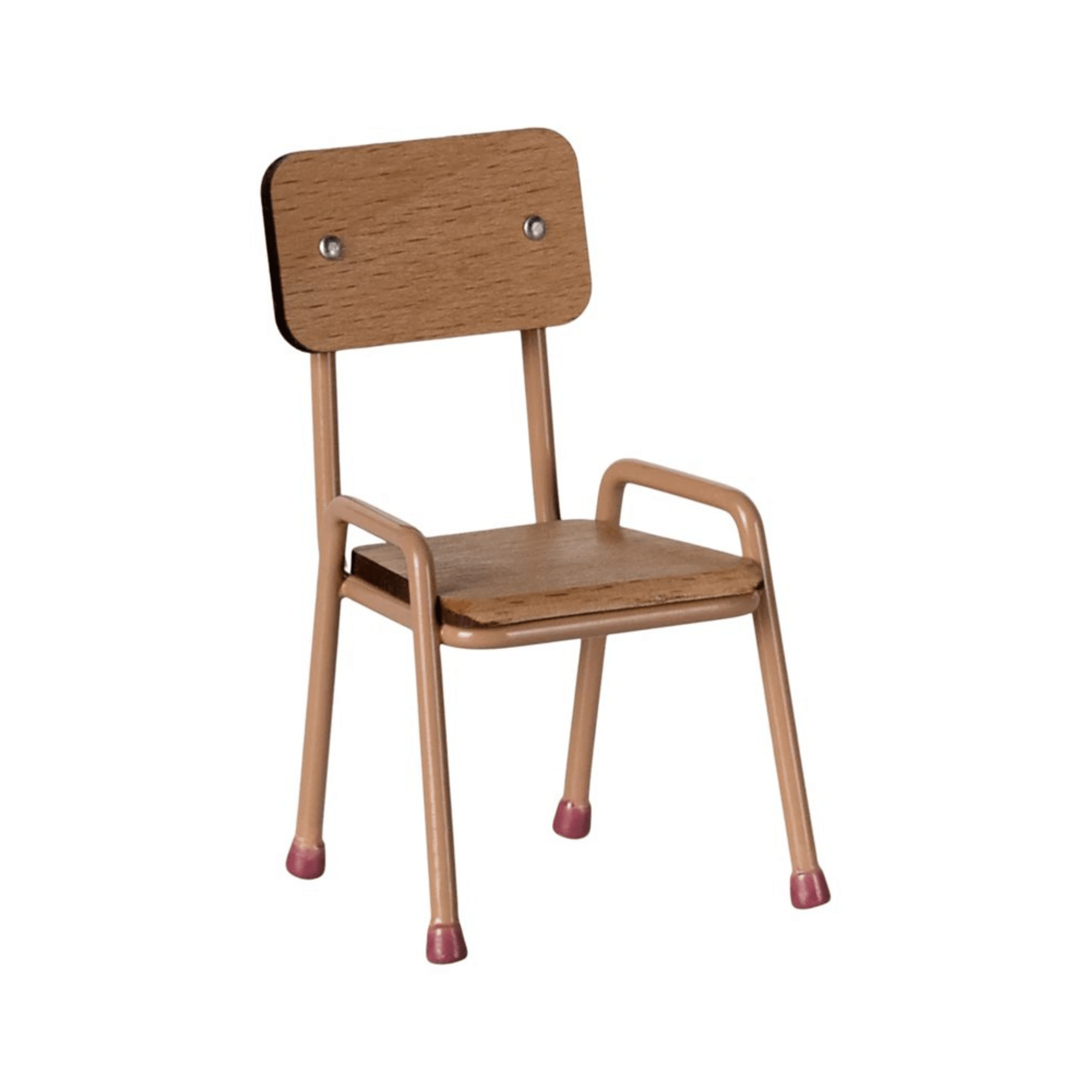 Mörk puderfärgad miniatyrstol i trä och metall för Maileg-musfigurer med handmålade detaljer.