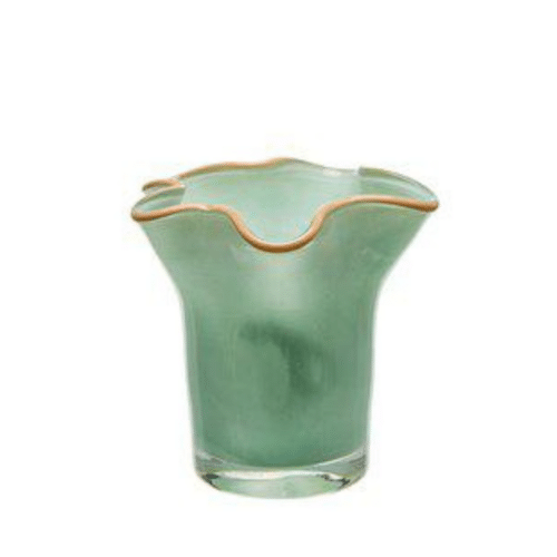 Grön och beige Ebba ljuslykta i glas, 10×9 cm, dekorativ detalj för bord, hylla eller fönster.