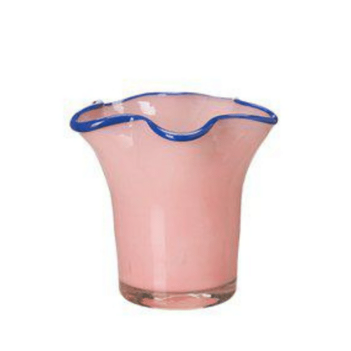 Rosa och blåa Ebba ljuslykta i glas, 10×9 cm, dekorativ detalj för bord, hylla eller fönster.