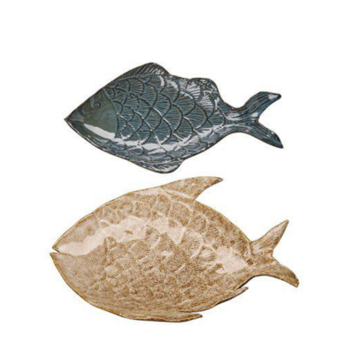 Fiskformat serveringsfat i porslin i beige och blått, food safe dekorativt fat från GALIA-serien.