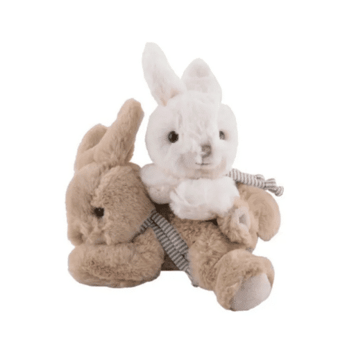 Buster och Coco Kanin 15 cm, mjuka kaniner i vit och taupe med klassisk design, lekvänliga och säkerhetscertifierade.