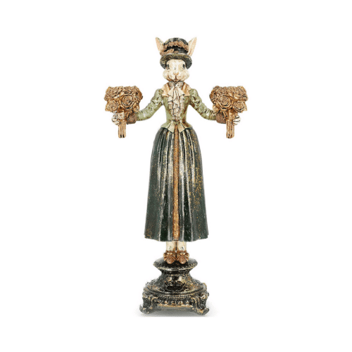 Grön ljusstake i form av Fru Kanin med klänning som håller två buketter med ljushållare, perfekt som påskdekoration