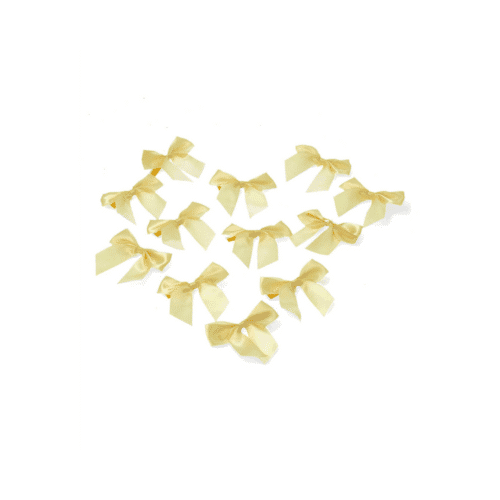 Gul satinrosett i liten storlek, 8 cm bred, i polyester för buketter, presenter och dekoration