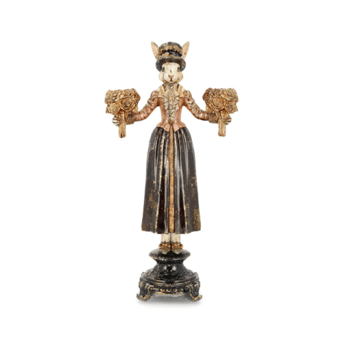 Ljusstake Fru Kanin Rosa i poly, 44 cm hög, med klänning och två buketter som ljushållare för kronljus, perfekt som påskdekoration