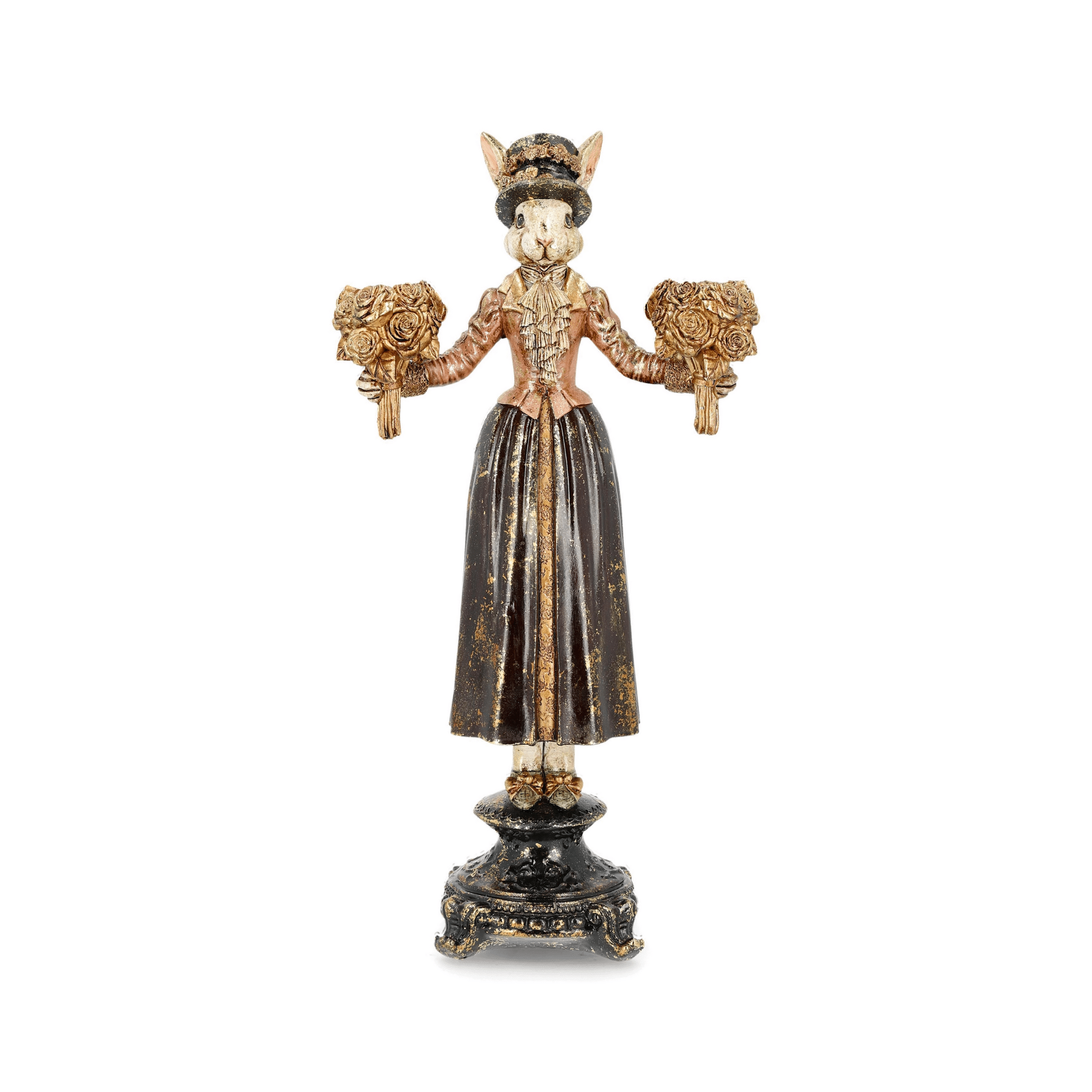 Ljusstake Fru Kanin Rosa i poly, 44 cm hög, med klänning och två buketter som ljushållare för kronljus, perfekt som påskdekoration