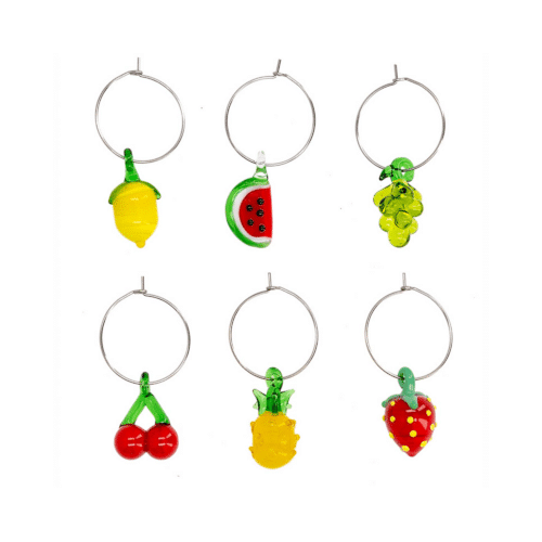 Koppmarkör Fruktmix Glas i form av citron, vattenmelon, vindruvor, körsbär, ananas och jordgubbe, fästa på glas.