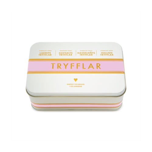 Tryffelkollektion ROSA 400g med chokladtryfflar i smakerna havssalt, hallon, hasselnöt och lakrits, pudrade med kakao