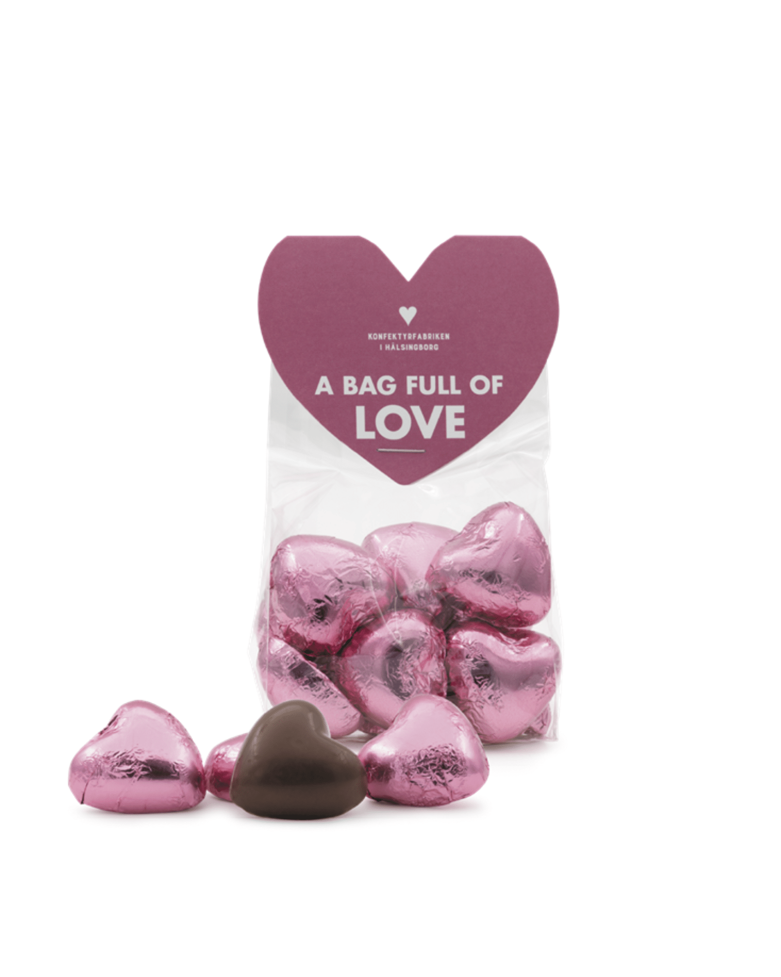 Sockerbageriet Chokladhjärtan. Påse med hjärtformade mjölkchokladhjärtan fyllda med krämig choklad – A Bag Full of Love 100 g
