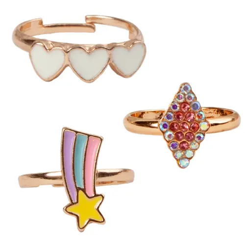 Boutique Heart Star ringset för barn med 3 justerbara roséguld ringar i stjärna, hjärta och diamantdesign