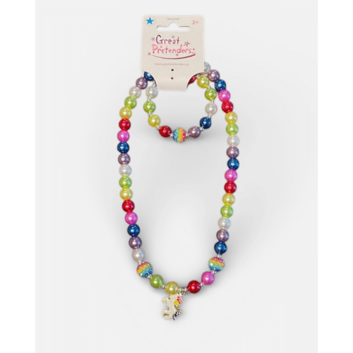 Färgglatt halsband och armband i regnbågspärlor med enhörningsberlock och glittrande pärla