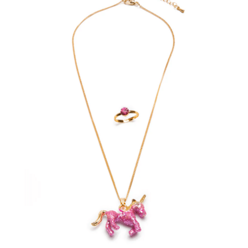 glitter pink unicorn halsband ring barn. Glittrigt enhörningshalsband med matchande knallrosa ring för barn, säker för lek