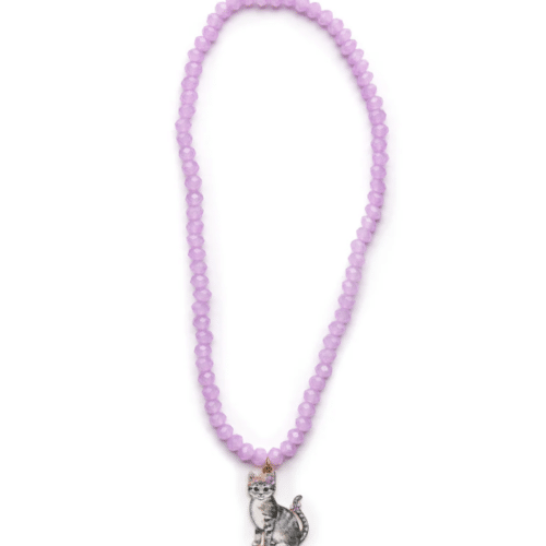 Barnhalsband med glittrande lila pärlor och handmålat kattungehänge, lekfullt och unikt