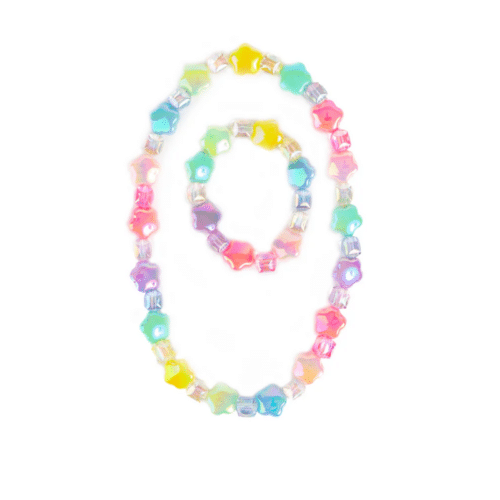 Färgglatt barnset med halsband och armband i regnbågsfärger med stjärndetaljer