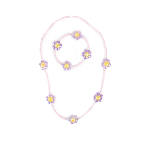 Barnsmycken med ljusrosa pärlor och lila prästkragehängen i halsband och armband set