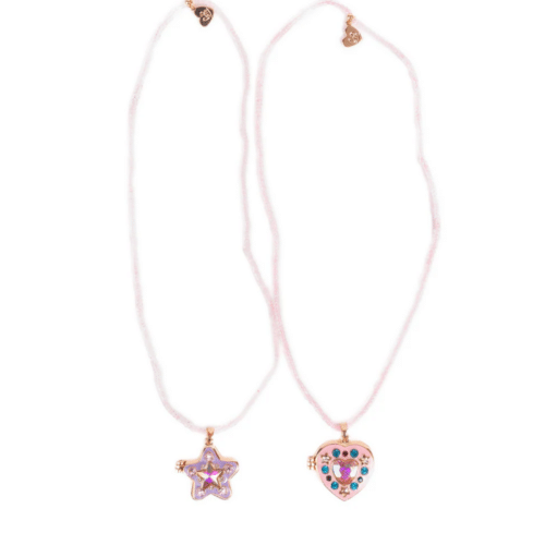 Barnhalsband med rosa pärlor och hängen i form av hjärta och stjärna med dold glittrande pärla