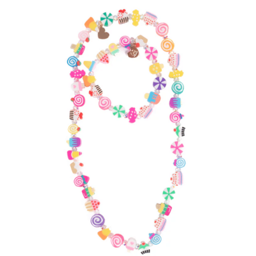 Barnhalsband och armband med färgglada pärlor formade som godis, glasstrutar och desserter
