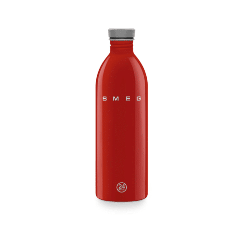 Röd Urban Bottle 1 liter i rostfritt stål med högblank finish och läckagesäkert silikonlock från Smeg x 24Bottles