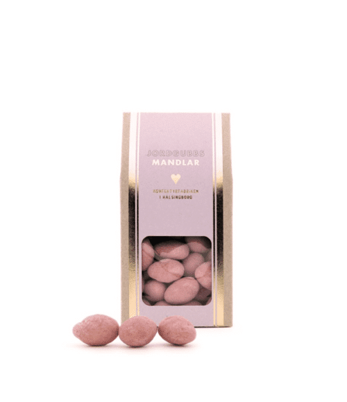 Jordgubbsmandlar 150 g – Mandlar doppade i vit choklad med jordgubbspulver