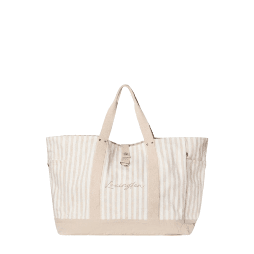 Strandväska i ekologisk bomull fiskbensmönster beige/vit rand