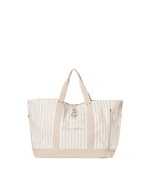 Strandväska i ekologisk bomull fiskbensmönster beige/vit rand