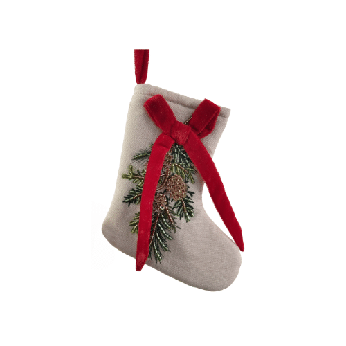 Julstrumpa med Pärlbroderad Grangren & Röd Rosett 15 cm