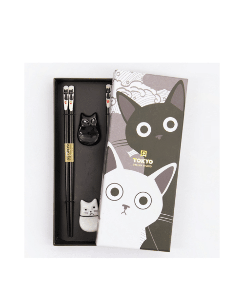 Chopstick Presentset med Ätpinnar och Hållare 4-pack Katter Svart/Vit