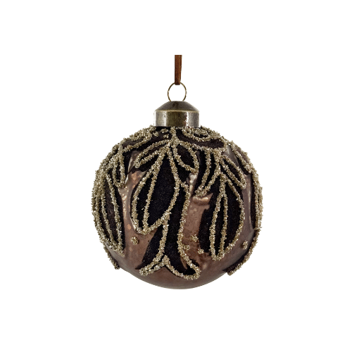 Julgranskula i Glas Antik Brun med Sammet & Bladdekoration – 8 cm