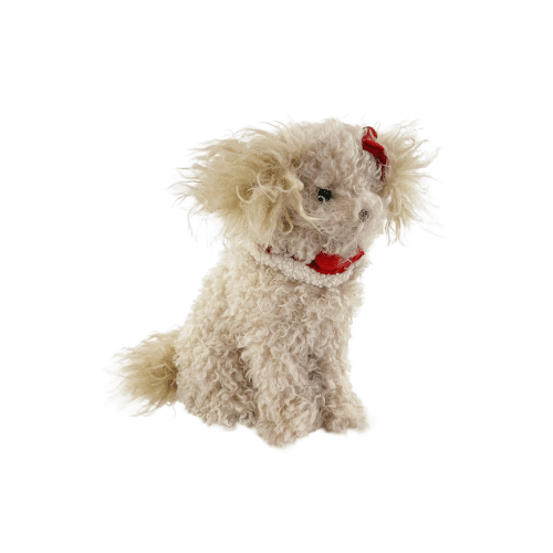 Sittande Hund Beige med Röd Rosett & Bjällra 26 cm